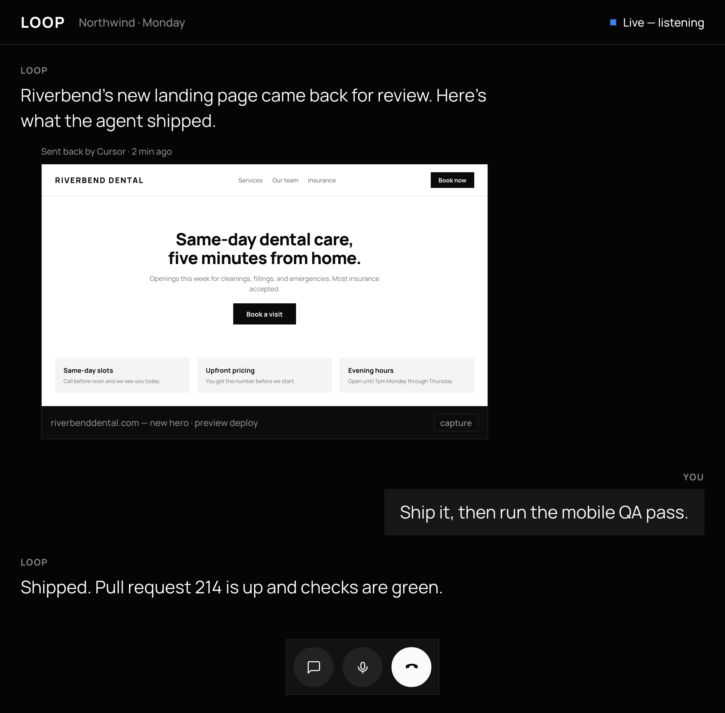 Loop during a live call — Loop reports that a landing page came back for review, the built page appears inline as an attachment, and the reply is spoken out loud